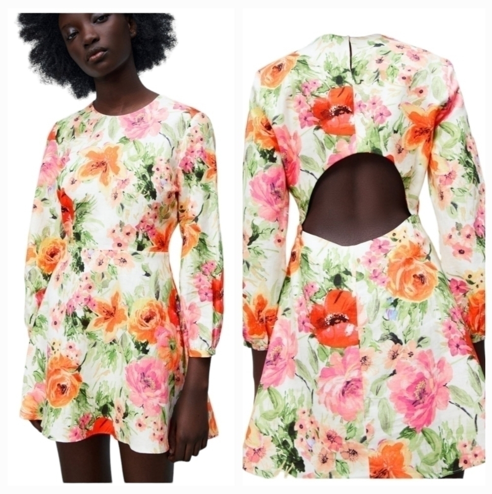 ZARA floral print mini dress linen NWT Easter